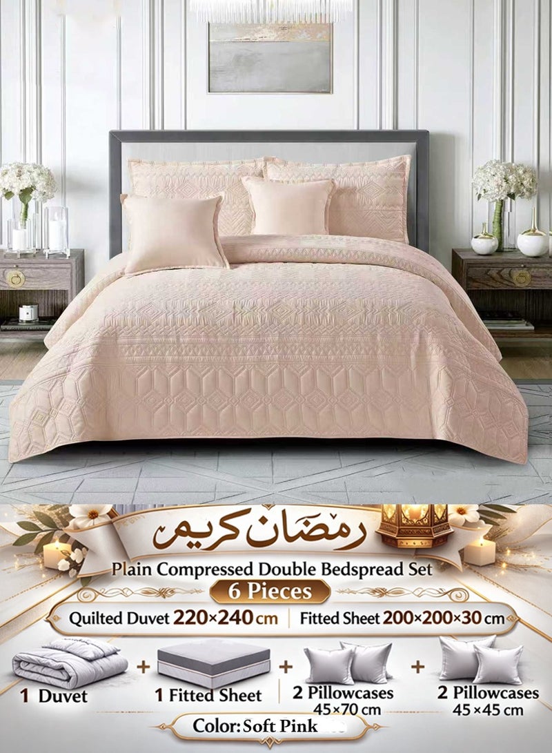 Plain Compressed Double Bedspread Set – 6 Pieces – Quilted Duvet 220×240 cm with Fitted Sheet 200×200×30 cm - Image 1