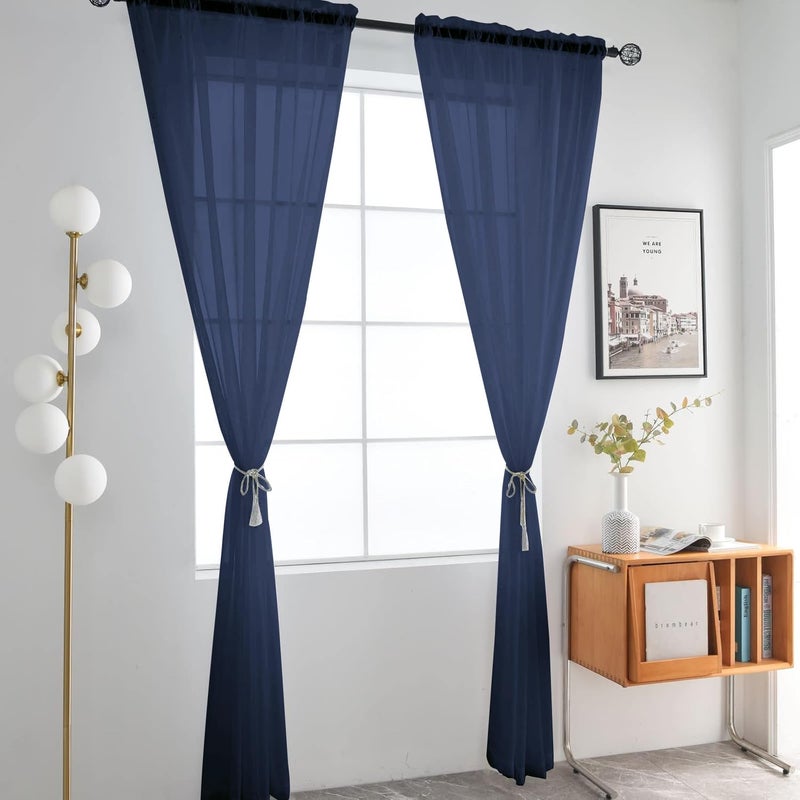 SpaceDresser Sheer Voile Window Treatment Rod Pocket Curtain Panels for Kitchen Bedroom Living Room Drapes Sunlight Filtering Privacy Semi Home Decor Assorted Colors Sizes (Navy, 52 W x 84 L) - Image 2
