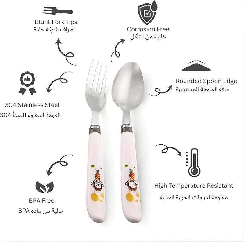 برين جيجلز مجموعة أدوات المائدة للأطفال مع حقيبة، ملعقة وشوكة وعيدان تناول الطعام بحواف مستديرة من الفولاذ المقاوم للصدأ مع مقابض ناعمة، مجموعة أدوات مائدة آمنة من BPA بمقابض محفورة بشخصيات مرحة للأطفال (عبوة من 1، أصفر) - Image 2