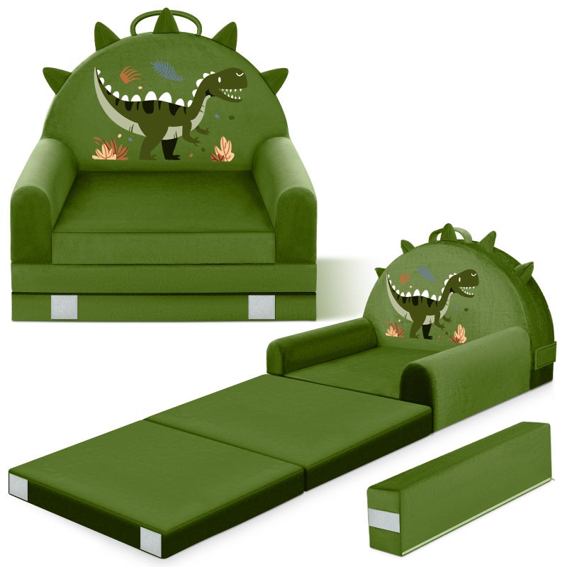 ORWIPO Dinosaur Kids Sofa Bed with Removable Washable Cover & â€‹â€‹Hook and Loopâ€‹â€‹ Backrest â€“ Foldable Toddler Chair, Cozy Crystal Velvet Furniture for Playtime, Naps & Travel (Dark Green, Dino Design) - Image 1