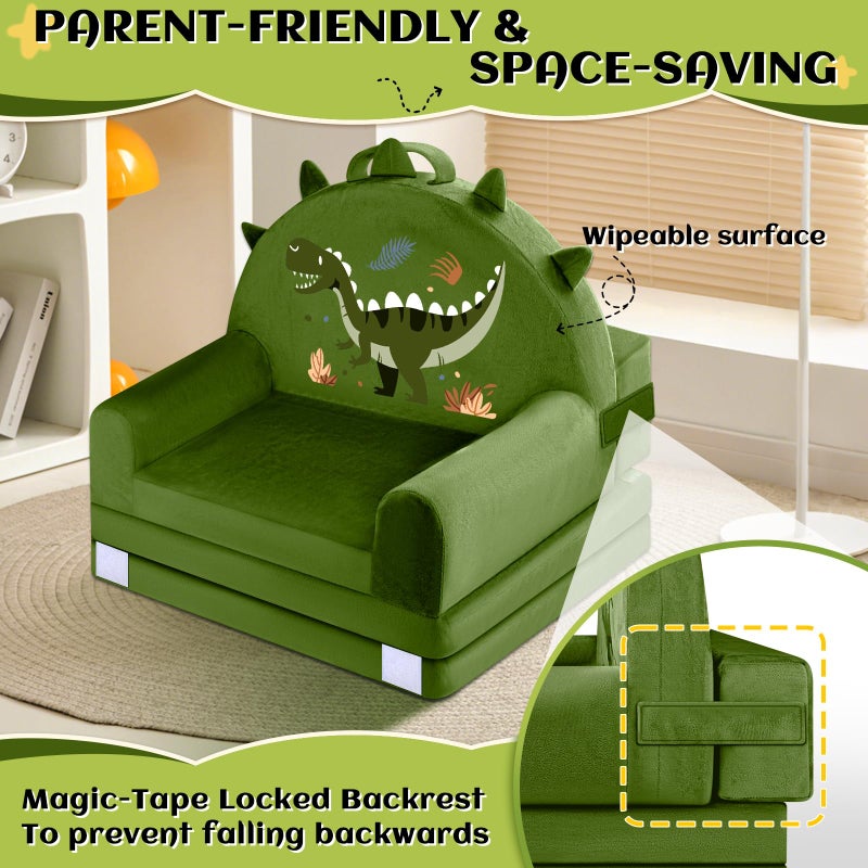 ORWIPO Dinosaur Kids Sofa Bed with Removable Washable Cover & â€‹â€‹Hook and Loopâ€‹â€‹ Backrest â€“ Foldable Toddler Chair, Cozy Crystal Velvet Furniture for Playtime, Naps & Travel (Dark Green, Dino Design) - Image 4