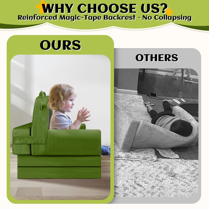 ORWIPO Dinosaur Kids Sofa Bed with Removable Washable Cover & â€‹â€‹Hook and Loopâ€‹â€‹ Backrest â€“ Foldable Toddler Chair, Cozy Crystal Velvet Furniture for Playtime, Naps & Travel (Dark Green, Dino Design) - Image 5
