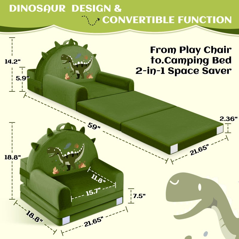 ORWIPO Dinosaur Kids Sofa Bed with Removable Washable Cover & â€‹â€‹Hook and Loopâ€‹â€‹ Backrest â€“ Foldable Toddler Chair, Cozy Crystal Velvet Furniture for Playtime, Naps & Travel (Dark Green, Dino Design) - Image 3