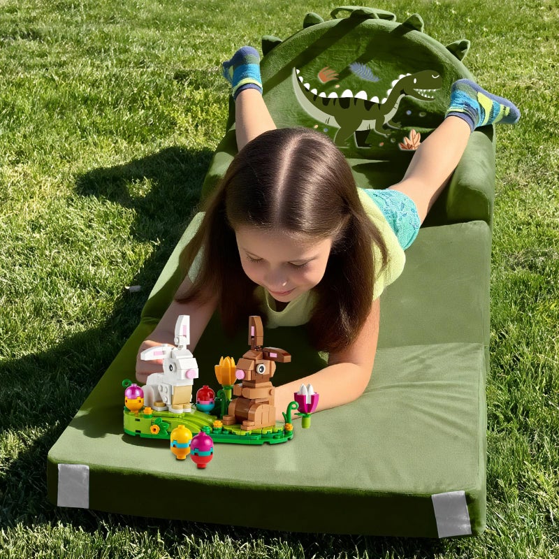 ORWIPO Dinosaur Kids Sofa Bed with Removable Washable Cover & â€‹â€‹Hook and Loopâ€‹â€‹ Backrest â€“ Foldable Toddler Chair, Cozy Crystal Velvet Furniture for Playtime, Naps & Travel (Dark Green, Dino Design) - Image 2