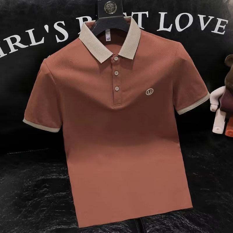 Factory wholesale fashion summer new non-ironing short sleeve T-shirt mens lapel polo shirt Korean temperament leisure T-shirt Y124 Brown Red 