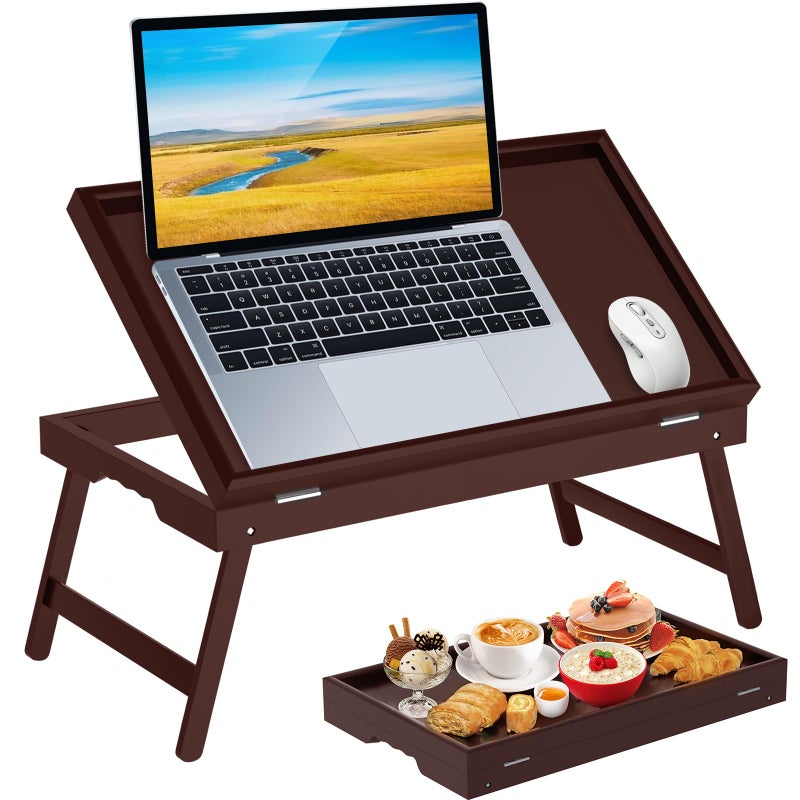 promitop Bamboo Bed Tray Table with Foldable Legs & Ergonomic Handle, 17x12in Breakfast Tray for Eating, Laptop Desk, Sofa Snacking, Non-Slip Surface (Mahogany) - Image 1