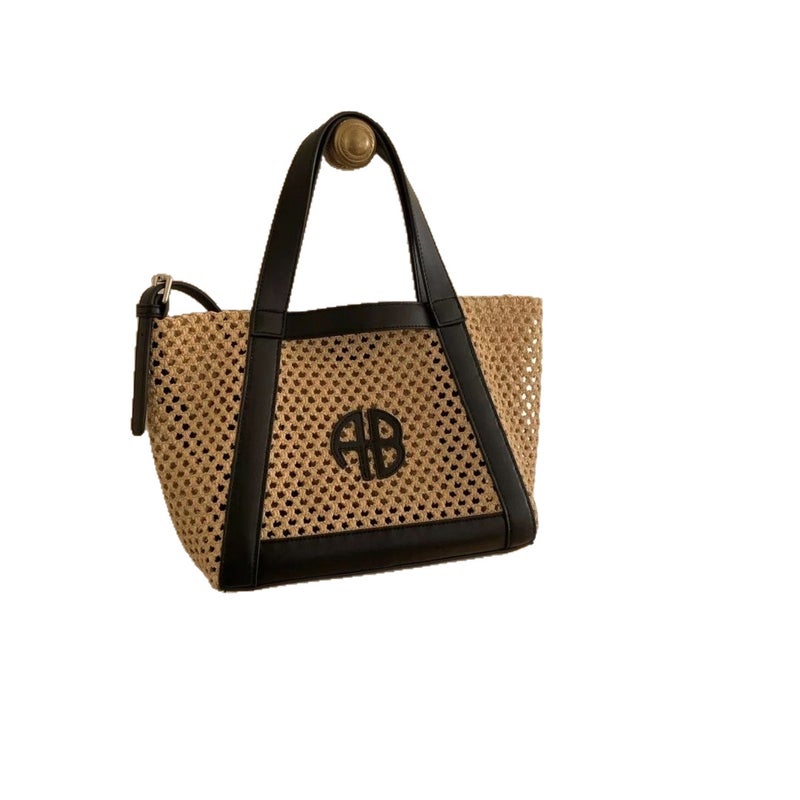 Straw Woven Tote Bag with Letter Patchwork, 2026 New Style, Hollow Out, Casual Shoulder Bag