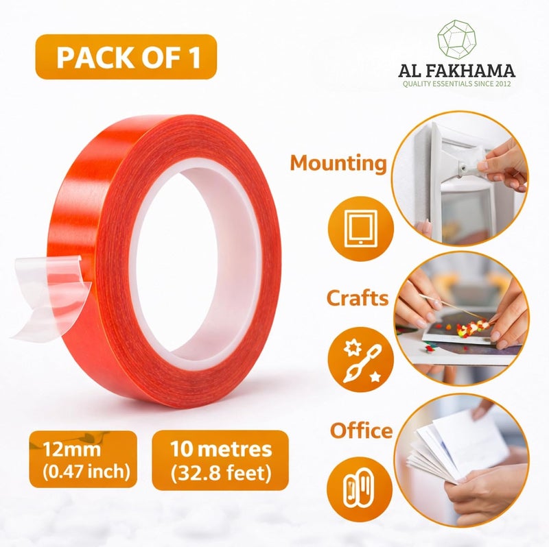 AL FAKHAMA Double Sided PET Tape 12 mm x 10 Metres - Transparent Strong Adhesive Mounting Tape for Crafts & DIY - Image 4