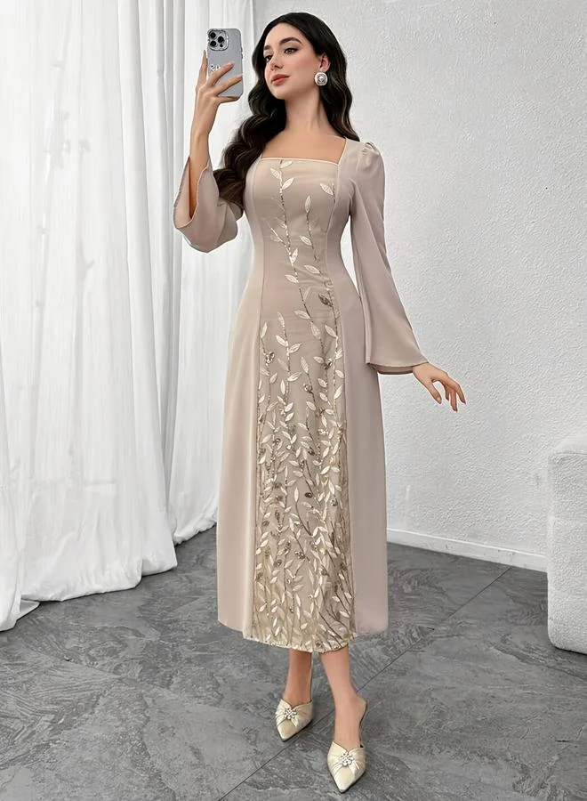 Floral Embroidered Detail Square Neck Maxi Dress