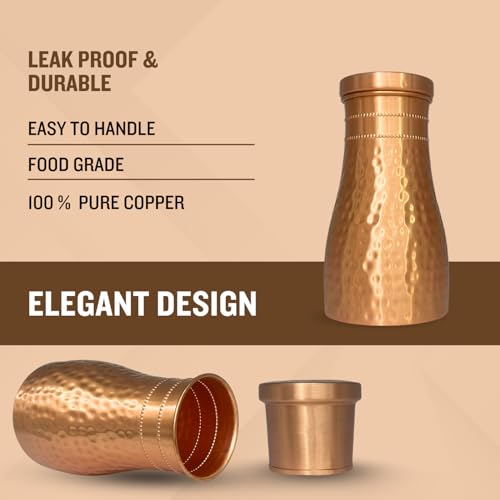 Piepot Copper Water Bottle 1 LTR | Copper Water Bottle for Drinking | 100% Pure | Leak-Proof | Easy to Cary | Suitable for Yoga, School & Offices | Best for Gifting - Hammered Finish - Image 4