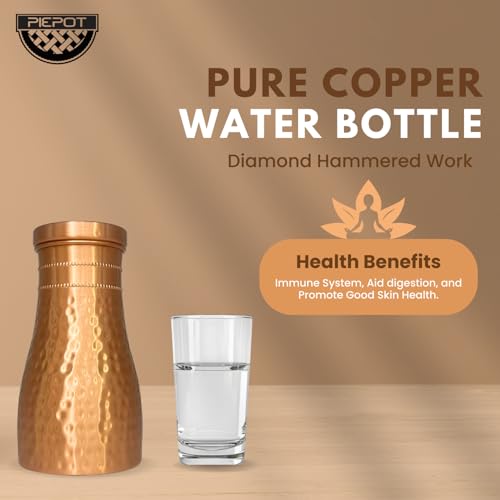 Piepot Copper Water Bottle 1 LTR | Copper Water Bottle for Drinking | 100% Pure | Leak-Proof | Easy to Cary | Suitable for Yoga, School & Offices | Best for Gifting - Hammered Finish - Image 2