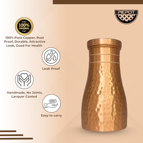 Piepot Copper Water Bottle 1 LTR | Copper Water Bottle for Drinking | 100% Pure | Leak-Proof | Easy to Cary | Suitable for Yoga, School & Offices | Best for Gifting - Hammered Finish - Image 5