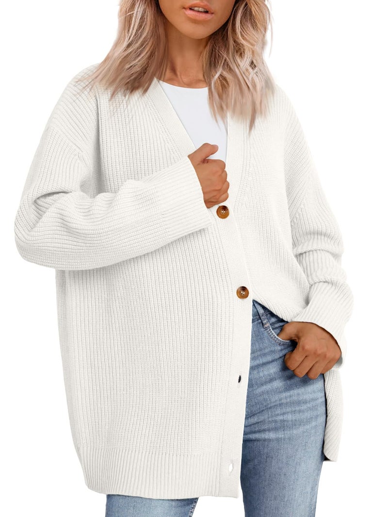 LILLUSORY Women Oversized Cardigan Sweater 2025 Fall Outfits Cloth Fashion V Neck Knit Button Front Casual Trendy Tops White Medium - Image 1