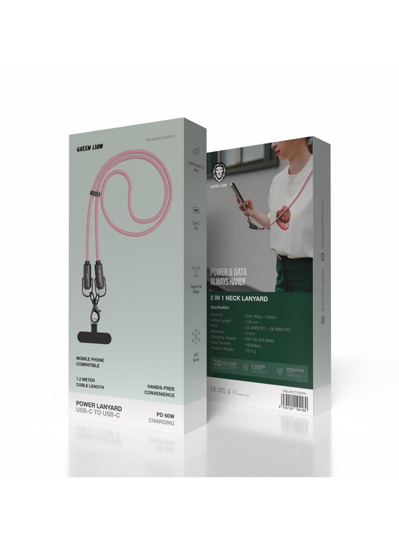 GREEN LION 2 in 1 Power Lanyard Type-C to Type-C 60W Charging Cable / Tangle-Free Design / 5000 Bends / Hands-Free Convenience / 1.2m Cable Length / Mobile Phone Compatible / 6mm Diameter / 480Mbps Data Transfer - Pink - Image 3