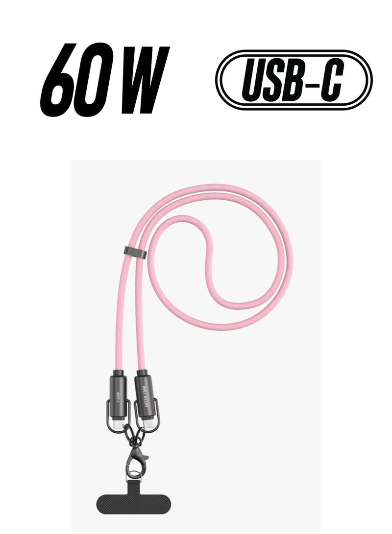 GREEN LION 2 in 1 Power Lanyard Type-C to Type-C 60W Charging Cable / Tangle-Free Design / 5000 Bends / Hands-Free Convenience / 1.2m Cable Length / Mobile Phone Compatible / 6mm Diameter / 480Mbps Data Transfer - Pink - Image 1
