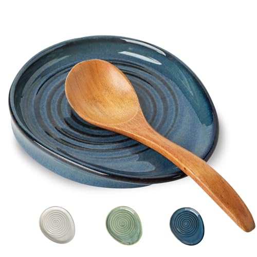 Seyatoo Ceramic Spoon Rest for Stove Top, Spoon Holder for Kitchen Counter, Farmhouse Cooking Utensil Holder for Spoons, Ladles, Spatula, Glazed Blue - Image 1