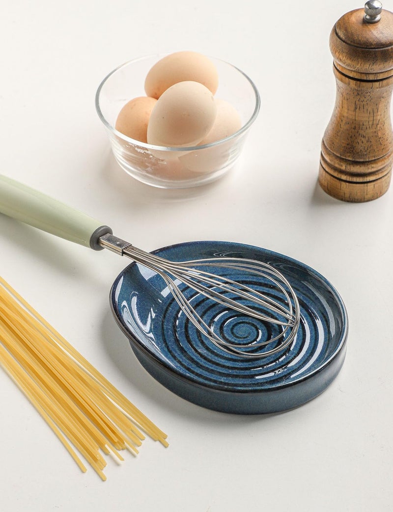 Seyatoo Ceramic Spoon Rest for Stove Top, Spoon Holder for Kitchen Counter, Farmhouse Cooking Utensil Holder for Spoons, Ladles, Spatula, Glazed Blue - Image 4