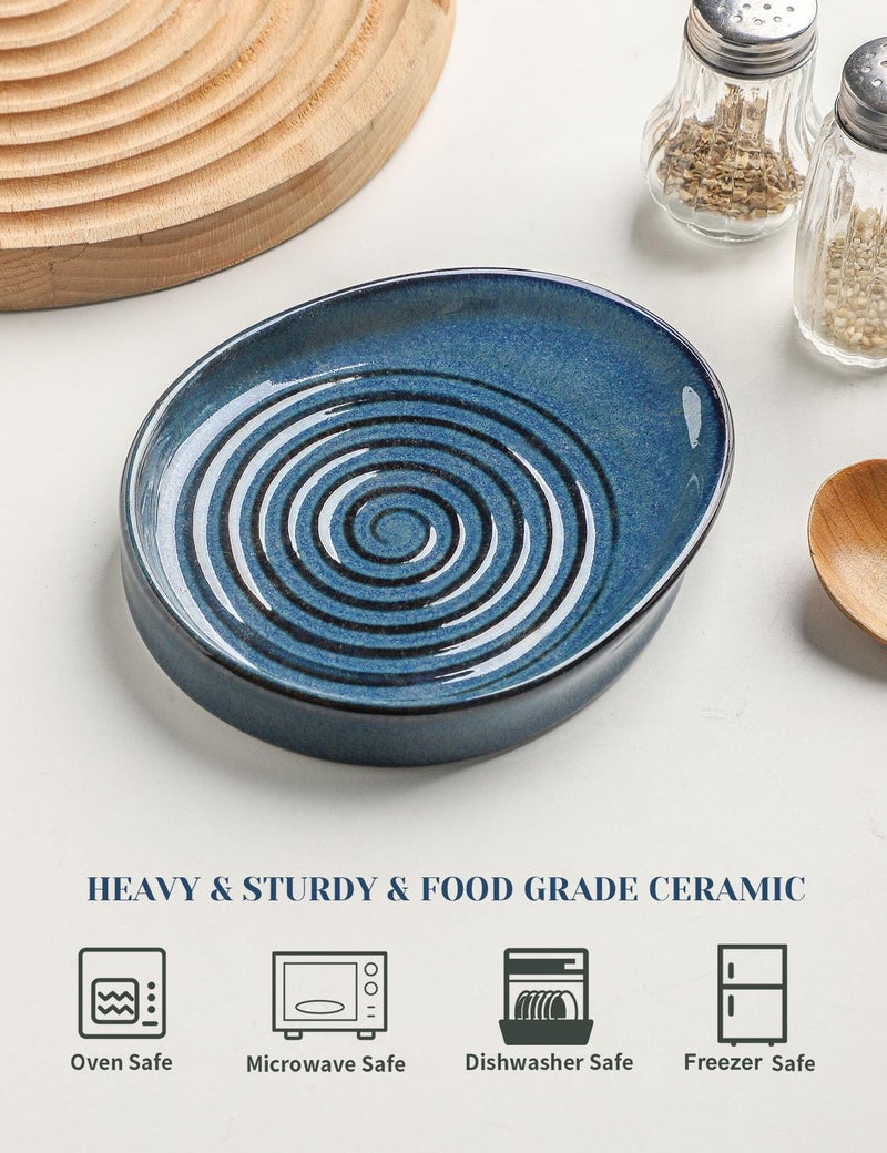 Seyatoo Ceramic Spoon Rest for Stove Top, Spoon Holder for Kitchen Counter, Farmhouse Cooking Utensil Holder for Spoons, Ladles, Spatula, Glazed Blue - Image 3