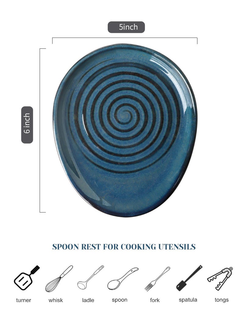 Seyatoo Ceramic Spoon Rest for Stove Top, Spoon Holder for Kitchen Counter, Farmhouse Cooking Utensil Holder for Spoons, Ladles, Spatula, Glazed Blue - Image 2
