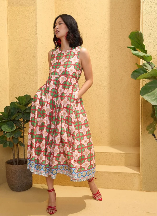 SASSAFRAS Floral Printed Midi Dress for Women
