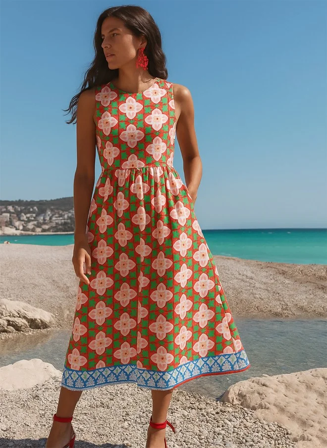 SASSAFRAS Floral Printed Midi Dress for Women