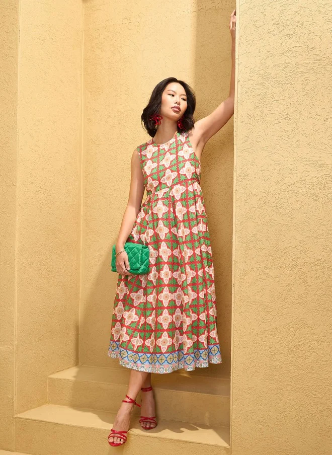 SASSAFRAS Floral Printed Midi Dress for Women
