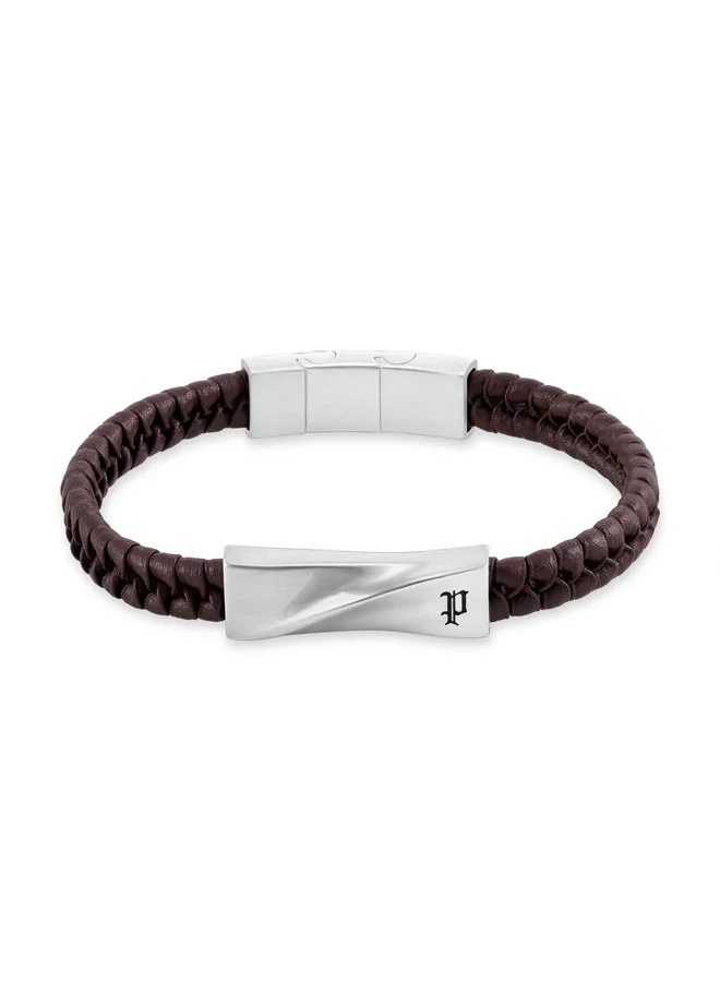 Police Contorto Brown Braided Leather Bracelet for Men