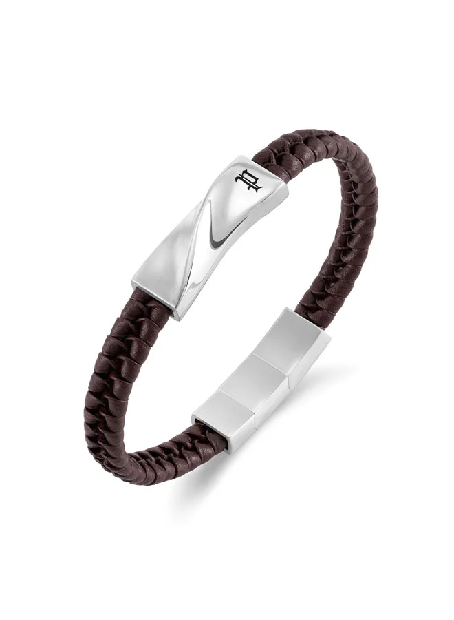 Police Contorto Brown Braided Leather Bracelet for Men