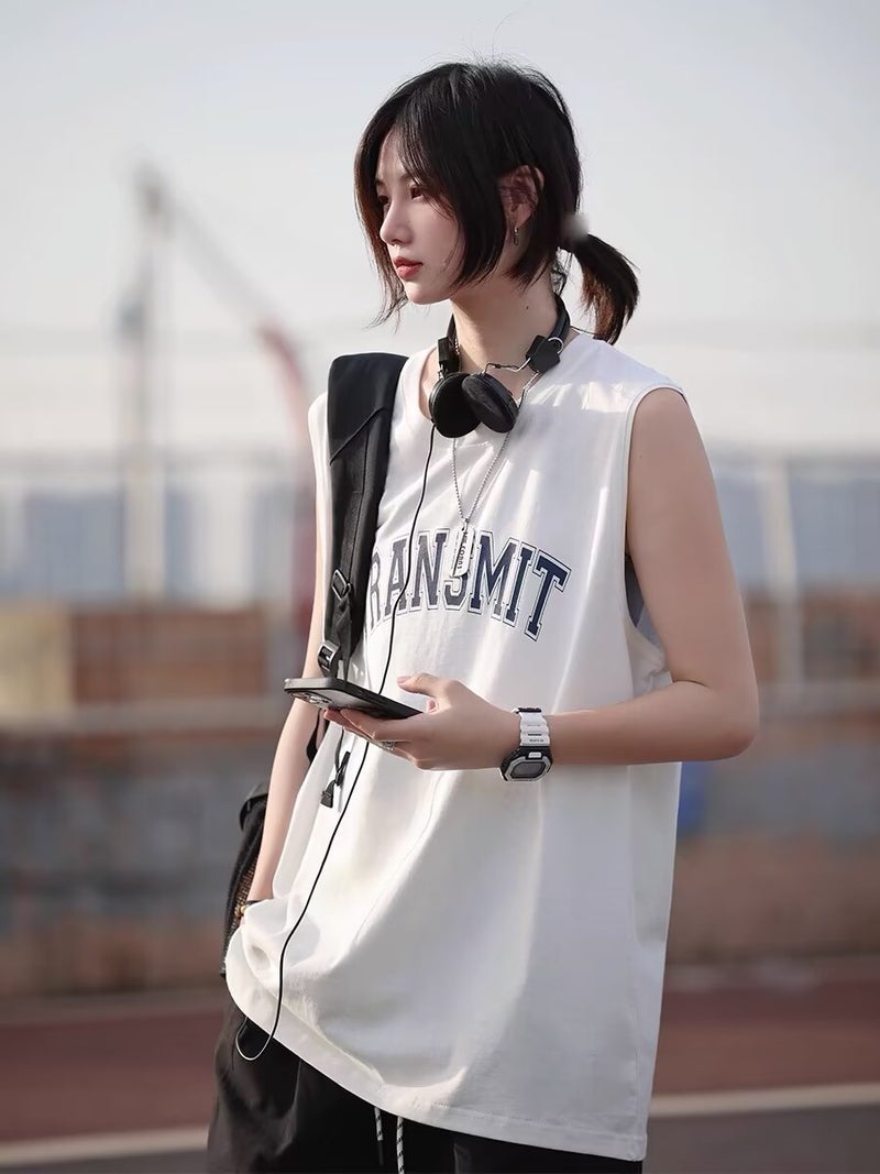 Japanese Style Vintage Printed Waistcoat Sweatshirt 2024 Loose Sports Fitness Breathable Sleeveless T-shirt Top for Boys and Girls White - Image 1