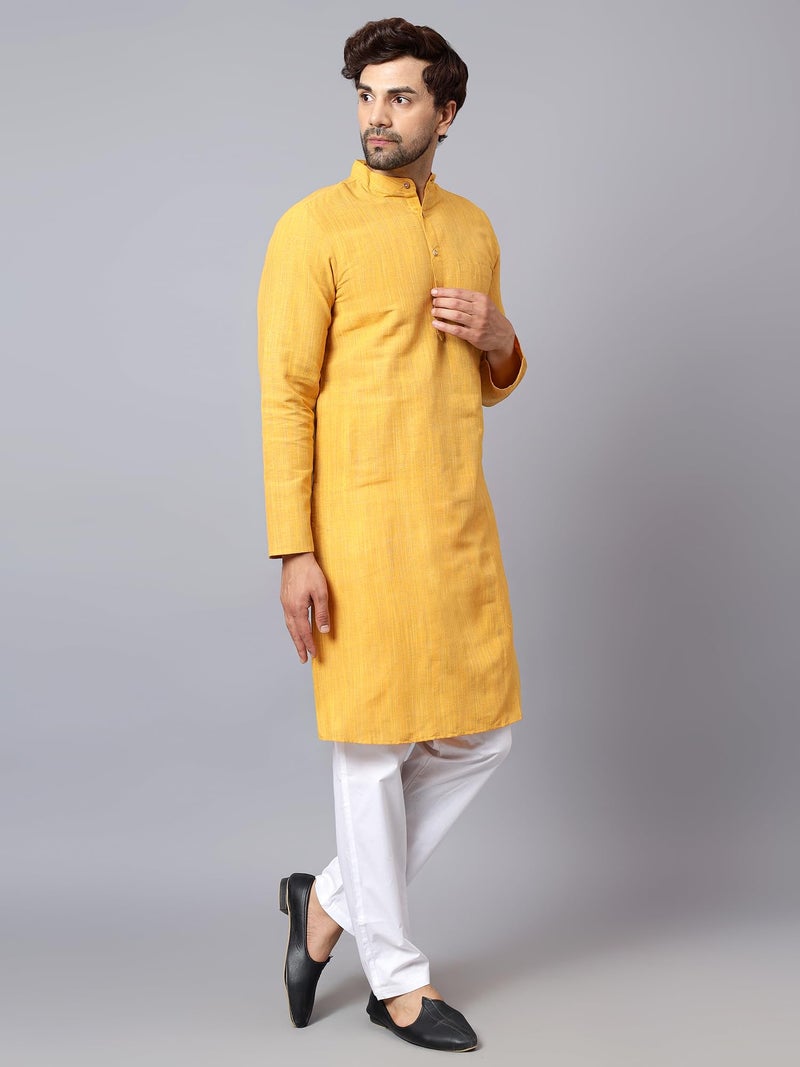 LATEST CHIKAN Men's Cotton Long Kurta Full Sleeves - Casual Ethnic Wear,44 Yellow - Image 3