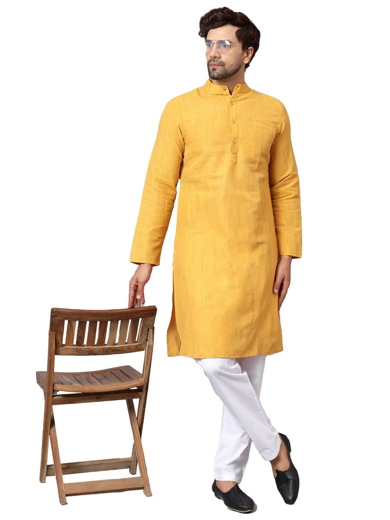 LATEST CHIKAN Men's Cotton Long Kurta Full Sleeves - Casual Ethnic Wear,44 Yellow - Image 1