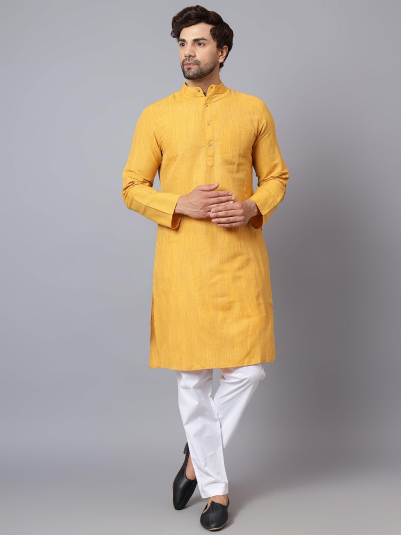 LATEST CHIKAN Men's Cotton Long Kurta Full Sleeves - Casual Ethnic Wear,44 Yellow - Image 2