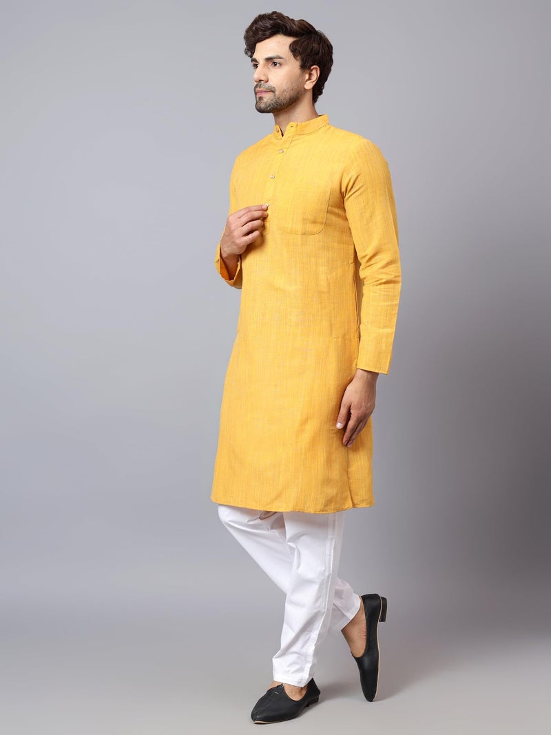 LATEST CHIKAN Men's Cotton Long Kurta Full Sleeves - Casual Ethnic Wear,44 Yellow - Image 4