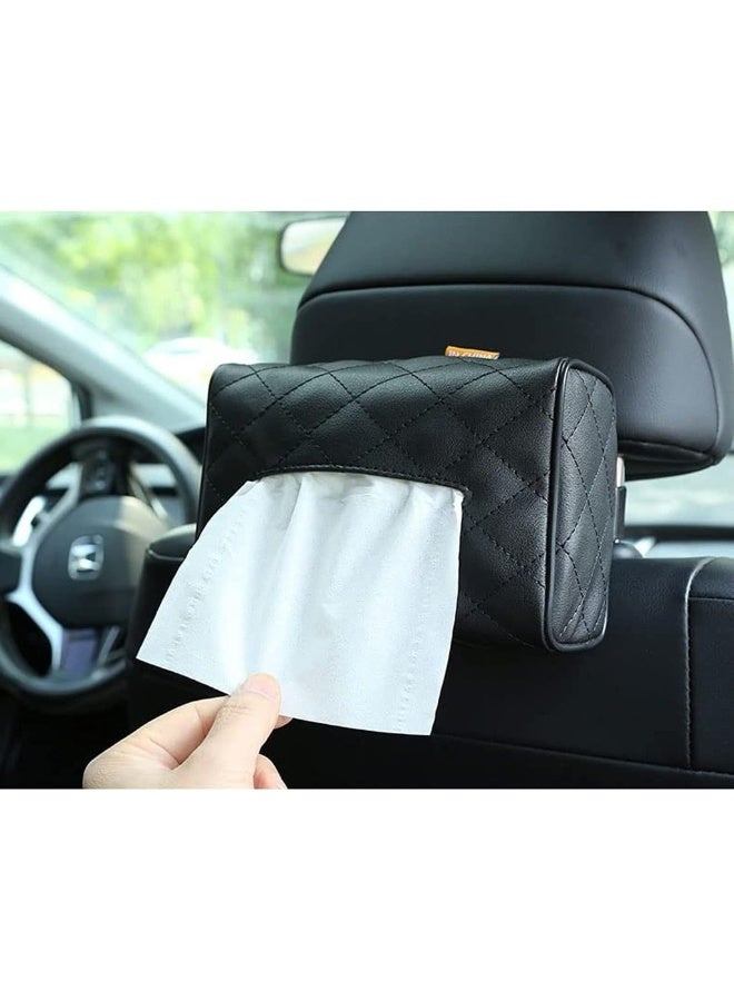 حامل مناديل السيارة جلد فاخر صندوق مناديل للجزء الخلفي وغطاء السيارة (أسود) - Image 1