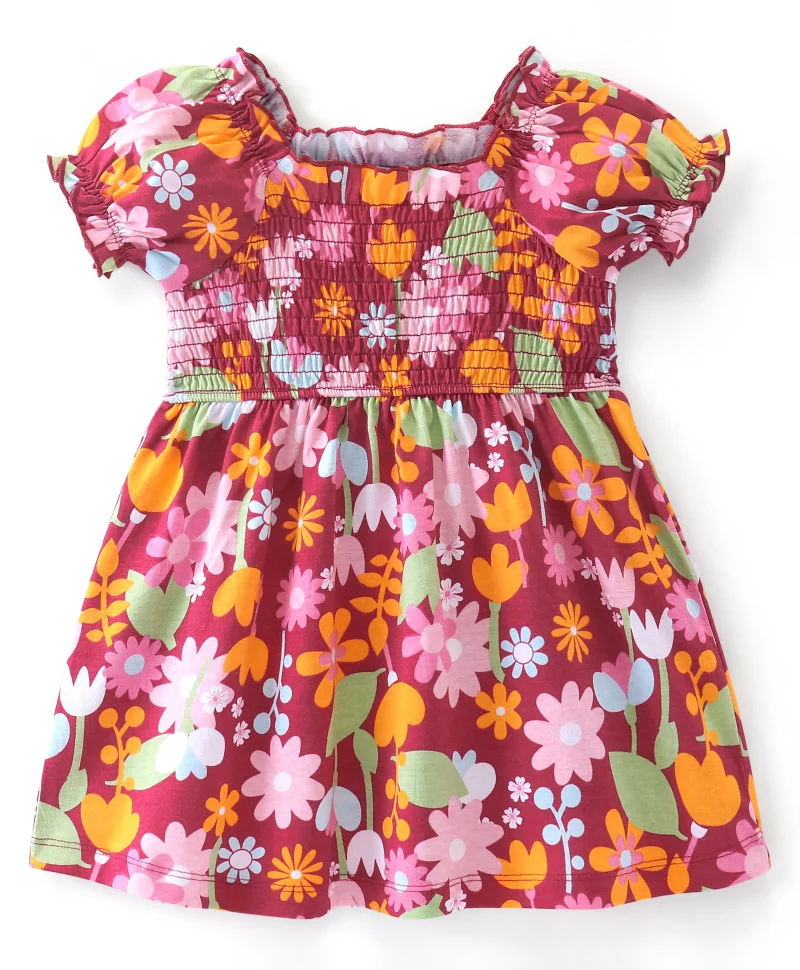 babyhug Babyhug Cotton Knit Half Sleeves Floral Print Frock - Wine
