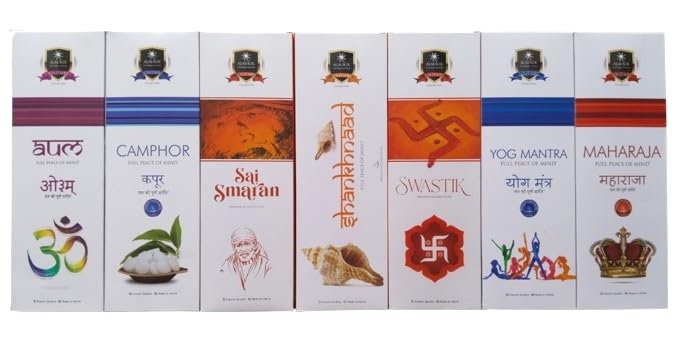 Compatible Aalaukik Solitaire Incense Sticks for Pooja Combo Pack of 7 - Aum, Camphor, Sai Smaran, Shankhnaad, Swastik, YOG Mantra, Maharaja (90 GMS x 7=630 GMS) | Approx 55 Sticks per Pouch  - Image 1