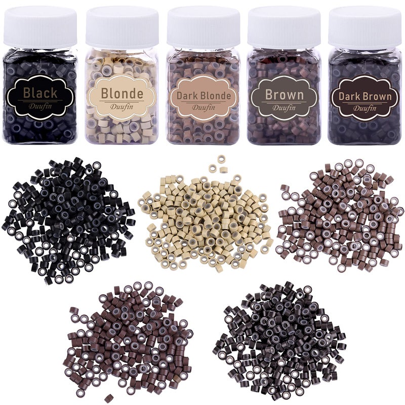 Duufin 2500 Pieces Micro Links Rings Hair Extensions Beads 5.0mm Silicone Lined Beads 5 Colors Micro Links for Women Men Hair Feather Extensions Tool - Image 1
