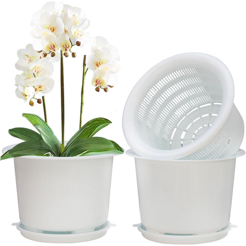 Meshpot 8 Inch Orchid Pots with Holes and Saucers,Double Layer Plastic Large Orchid Planter Pot,Flower Pots for Indoor Outdoor Flower Plants,Orchids,Herbs,Snake Plants and Succulents - Image 1