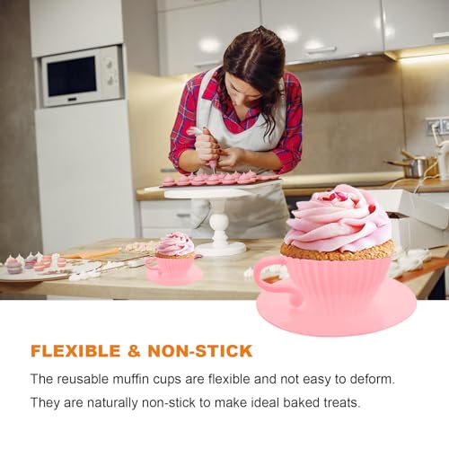 Qancesd Silicone Cupcake Liners, 16 Pcs Silicone Muffin Cups for Baking, Reusable Muffin Liners, Teacup Cupcake Baking Cups, 8 Cups & 8 Saucers, Pink - Image 4