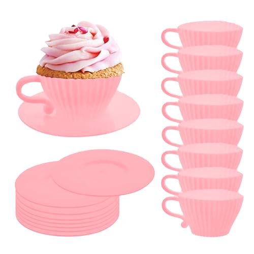 Qancesd Silicone Cupcake Liners, 16 Pcs Silicone Muffin Cups for Baking, Reusable Muffin Liners, Teacup Cupcake Baking Cups, 8 Cups & 8 Saucers, Pink - Image 1