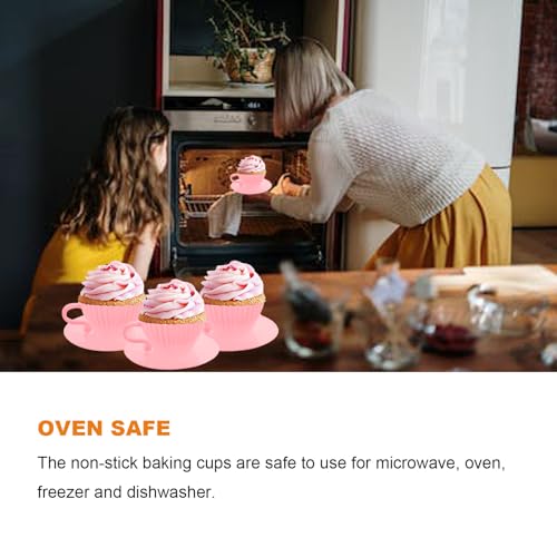 Qancesd Silicone Cupcake Liners, 16 Pcs Silicone Muffin Cups for Baking, Reusable Muffin Liners, Teacup Cupcake Baking Cups, 8 Cups & 8 Saucers, Pink - Image 5