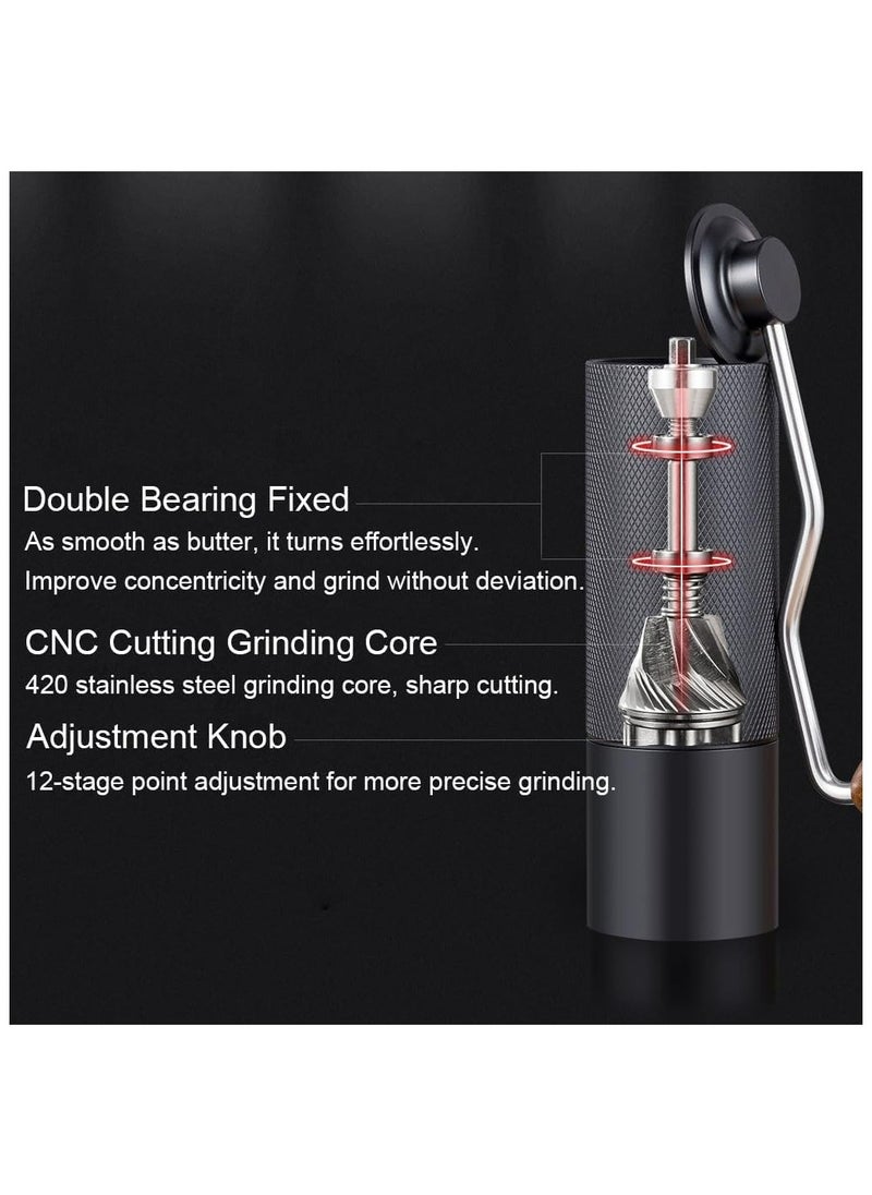 Manual coffee grinder with seven-tooth CNC stainless steel grinding core, 25g capacity, 12 adjustable grinds for more precision, black