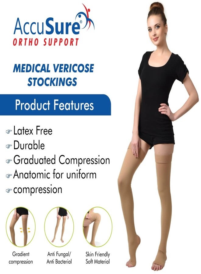 AccuSure Medical Compression Varicose Stocking 23-32 mmHg Support For Women & Men Thigh Length Hose|Open Toe|Beige| (XXL) - Image 3