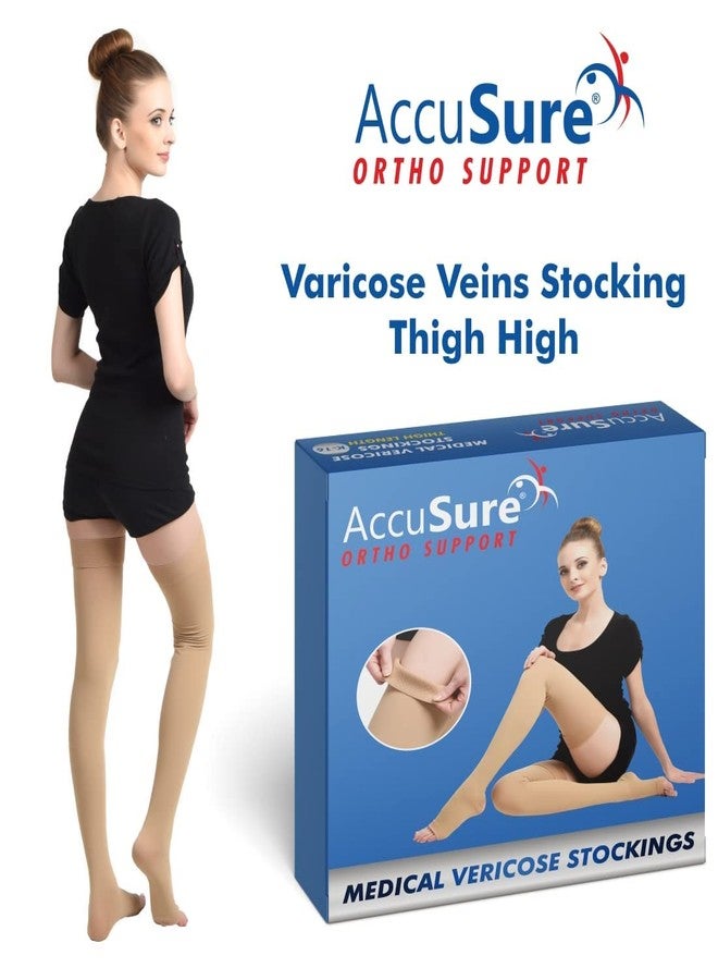 AccuSure Medical Compression Varicose Stocking 23-32 mmHg Support For Women & Men Thigh Length Hose|Open Toe|Beige| (XXL) - Image 5