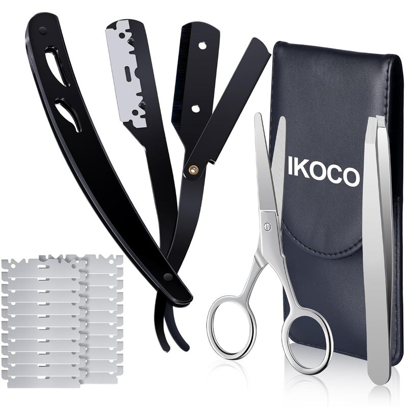 Straight Razor for Men IKOCO Black Straight Edge Razor Kit with 20PCS Barber Shaving Blades Leather Case Scissor Tweezer Black