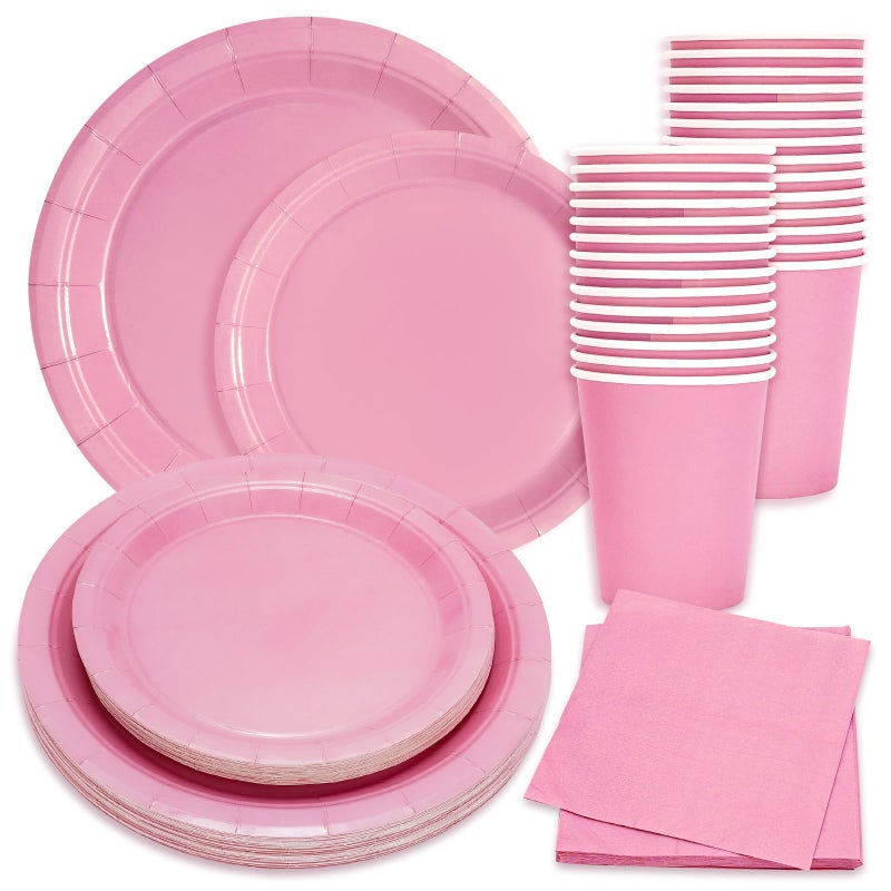 Whaline 100Pcs Valentine's Day Light Pink Tableware Set Wedding Disposable Dinnerware Set 50Pcs Paper Plates 25Pcs Napkins 25Pcs Cups for 25 Guests Wedding Birthday Bride Party Supplies Decorations - Image 1