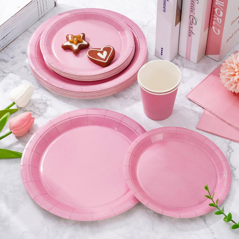 Whaline 100Pcs Valentine's Day Light Pink Tableware Set Wedding Disposable Dinnerware Set 50Pcs Paper Plates 25Pcs Napkins 25Pcs Cups for 25 Guests Wedding Birthday Bride Party Supplies Decorations - Image 4