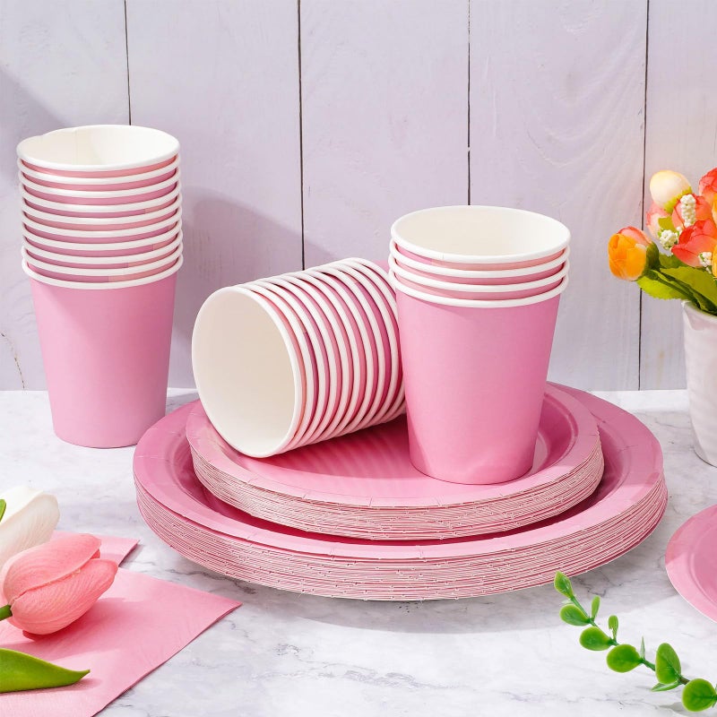 Whaline 100Pcs Valentine's Day Light Pink Tableware Set Wedding Disposable Dinnerware Set 50Pcs Paper Plates 25Pcs Napkins 25Pcs Cups for 25 Guests Wedding Birthday Bride Party Supplies Decorations - Image 3