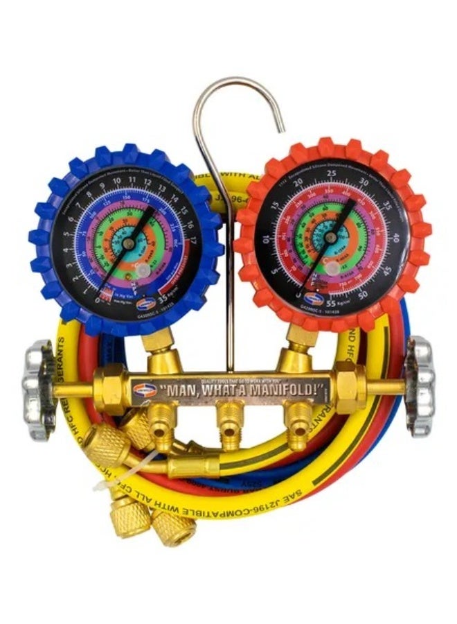 UNIWELD 2 VALVE BRASS MANIFOLD GAUGE (R410a, R22, R404a, R134a) WITH 3 FEET HOSE - Image 1