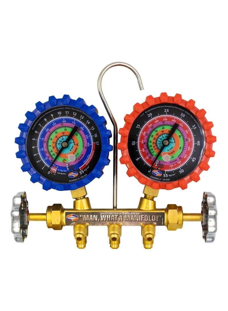 UNIWELD 2 VALVE BRASS MANIFOLD GAUGE (R410a, R22, R404a, R134a) WITH 3 FEET HOSE - Image 2